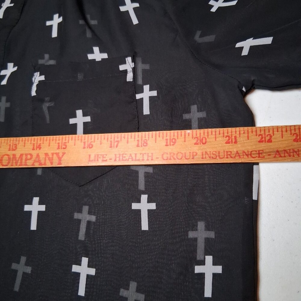Wet Seal Holy Cross Blouse XL Black Sheer Roll Tab Sleeve Emo Goth Religious - Picture 4 of 14